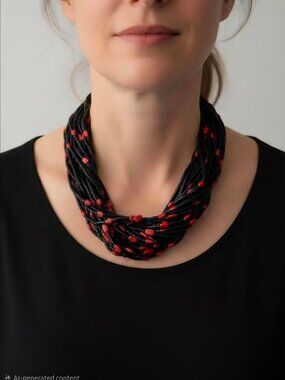 Peyote Bird 29 Strand Jet Heishi with Coral Necklace
